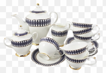 15pc Fine Bone Tea Set Blue Strip With Gold Trim - Bone China Tea Set Png,Gold Trim Png