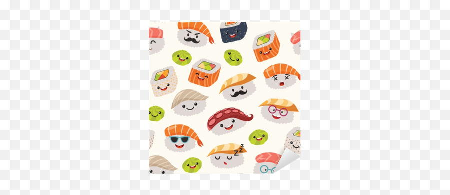 Sushi Emoji Seamless Pattern Cartoon Style Emoticon Kawaii Character Hand Draw Cute Japanese Food Objects Wallpaper With Facial Icon - Fictional Character Png,Cute Kawaii Shelf Icon Wallpappers