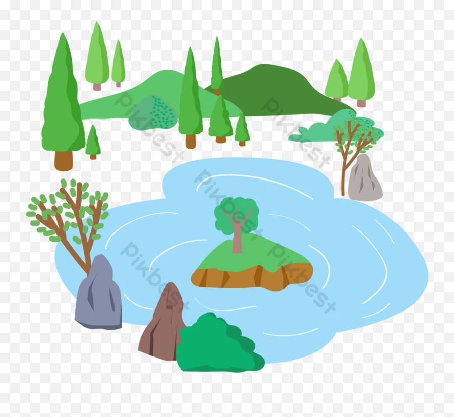 Cartoon Blue Lake Water Mountain Forest Stone Vector - Natural Landscape Png,Mountains Silhouette Png