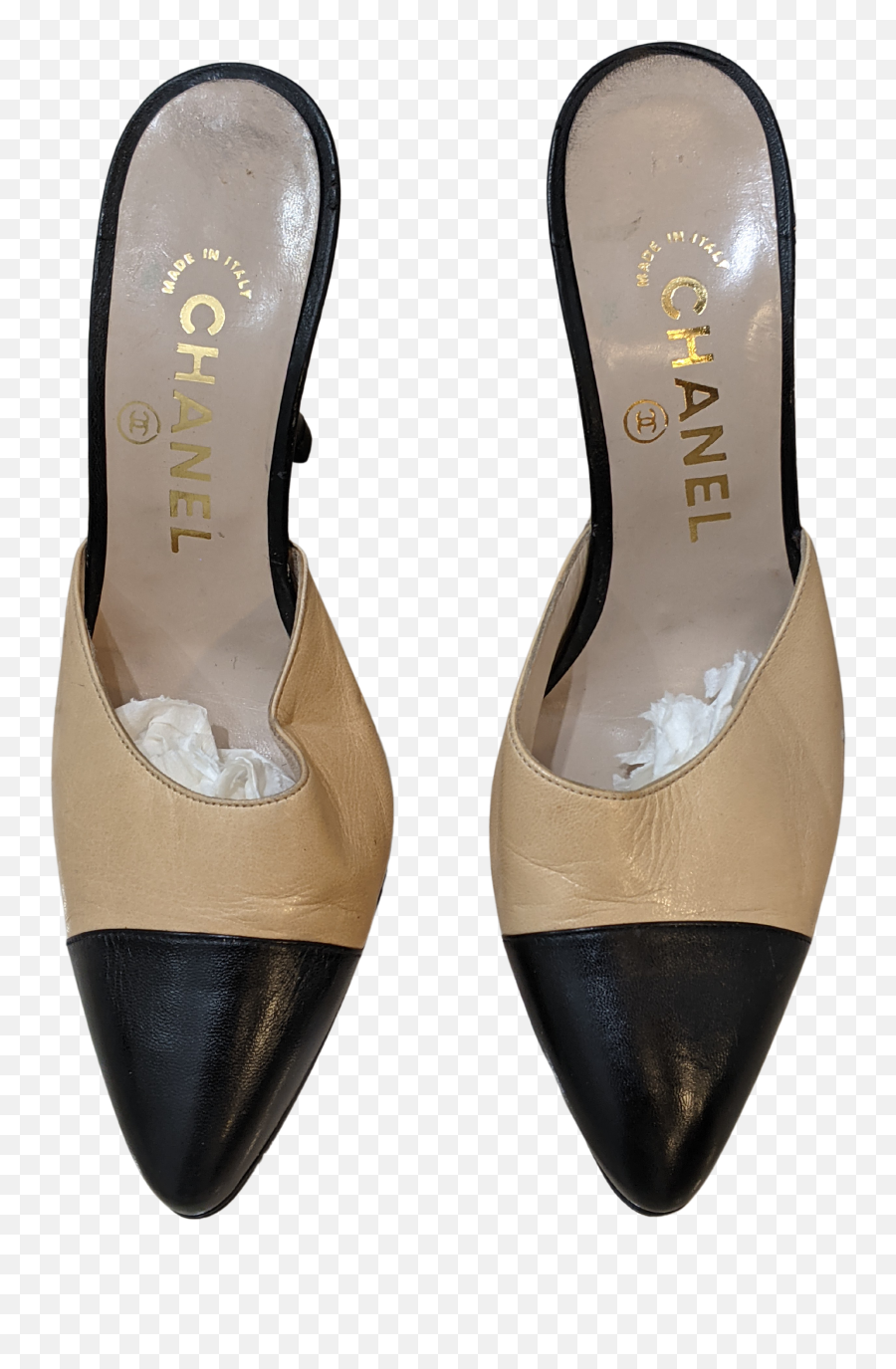 Beige And Black Leather Mules By Chanel - Pointy Toe Png,Heel Icon