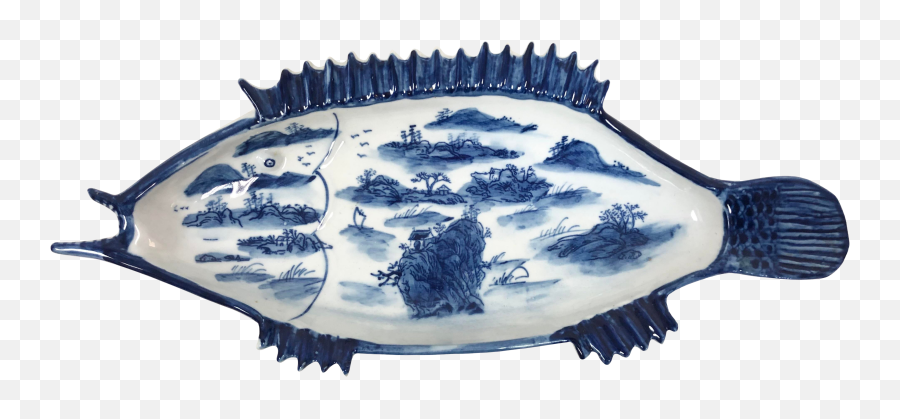 1970s Japanese Blue And White Hand - Painted Fish Bowl Serving Tray Png,Fish Bowl Png