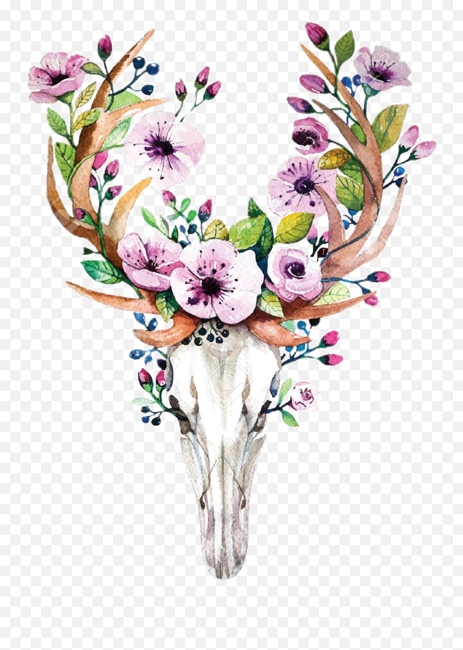 Report Abuse - Deer Head With Flowers Full Size Png Watercolor Deer Skull With Flowers,Deer Head Png