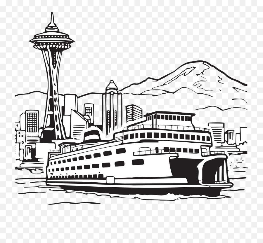 Seattle Space Needle - Ferry Clip Art Black And White Png,Seattle Skyline Png
