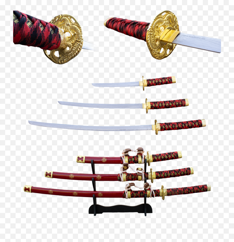 3 Pc Red Gold Rush Katana Sword Set - Red Gold Katana Png,Katana Transparent