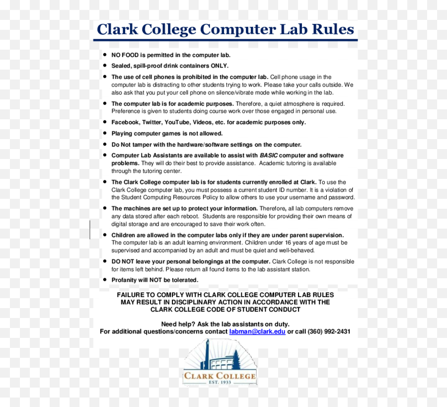 Pdf Clark College Computer Lab Rules Profanity Will Not - Document Png,Computer Lab Icon