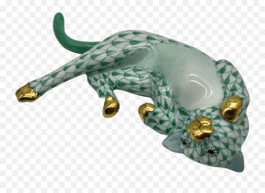 1990s Herend Green Fishnet Cat With Gold Accents - Figurine Png,Fishnet Pattern Png