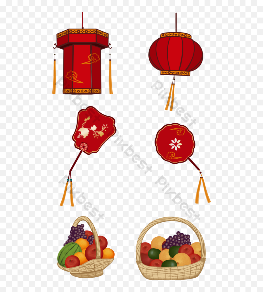 National Day Red Festive Lantern Fan Fruit Basket Moire - Diet Food Png,New Years Day Icon