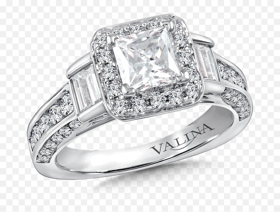 Valina Halo Engagement Ring Mounting In 14k White Gold 132 - Wedding Princess Cut Diamond With Baguette Side Stones Png,Halo Ring Png