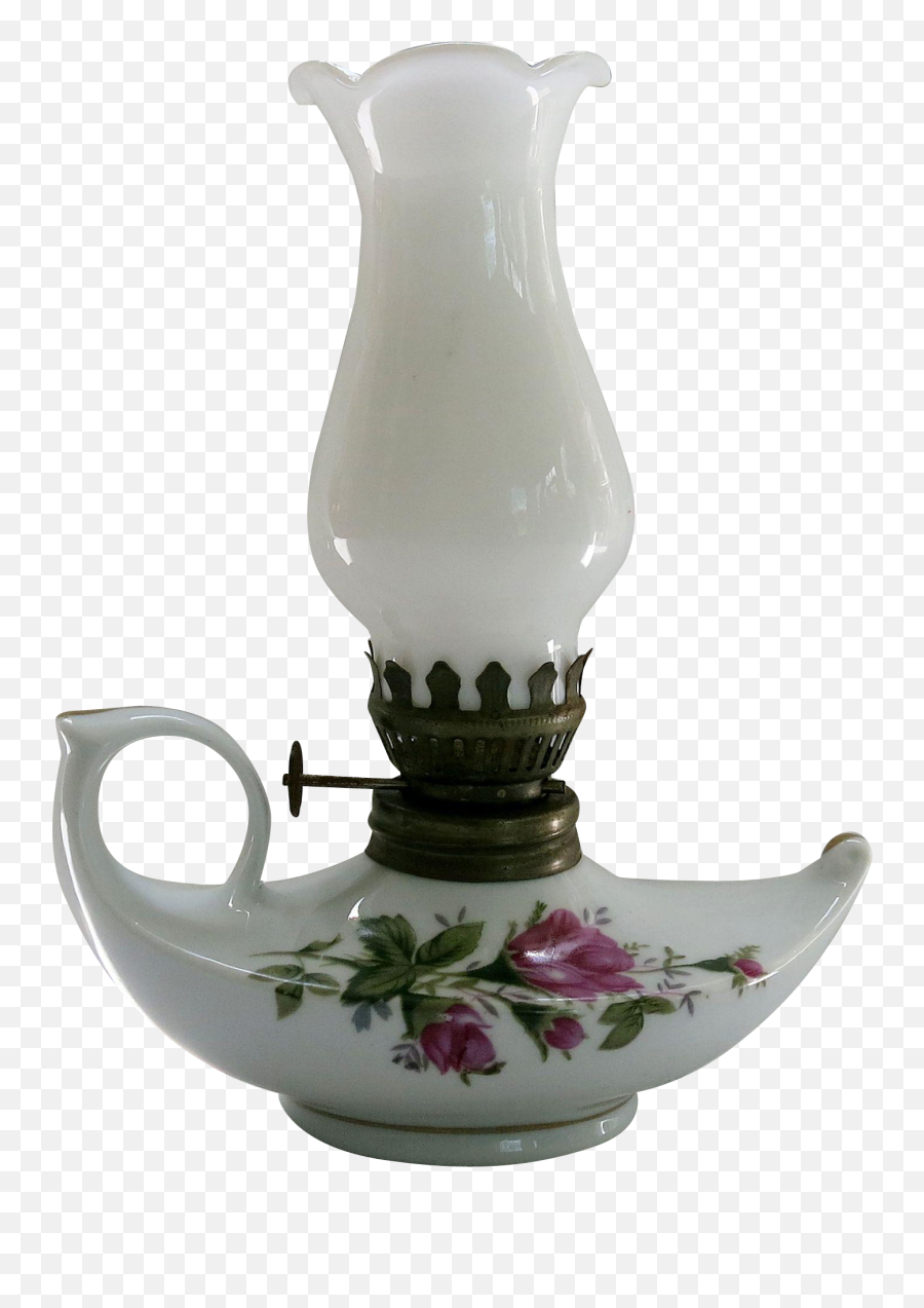 Vintage Mini Moss Rose Aladdin Oil Lamp Milk Glass Shade - Ceramic Png,Aladdin Lamp Png