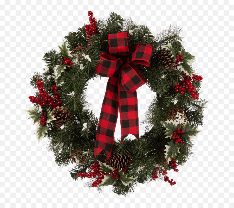 Glitzhome 24 Led Pre - Lit Greenery Buffalo Bow Berry Holly Pre Lit Red Check Christmas Wreath Png,Christmas Greenery Png
