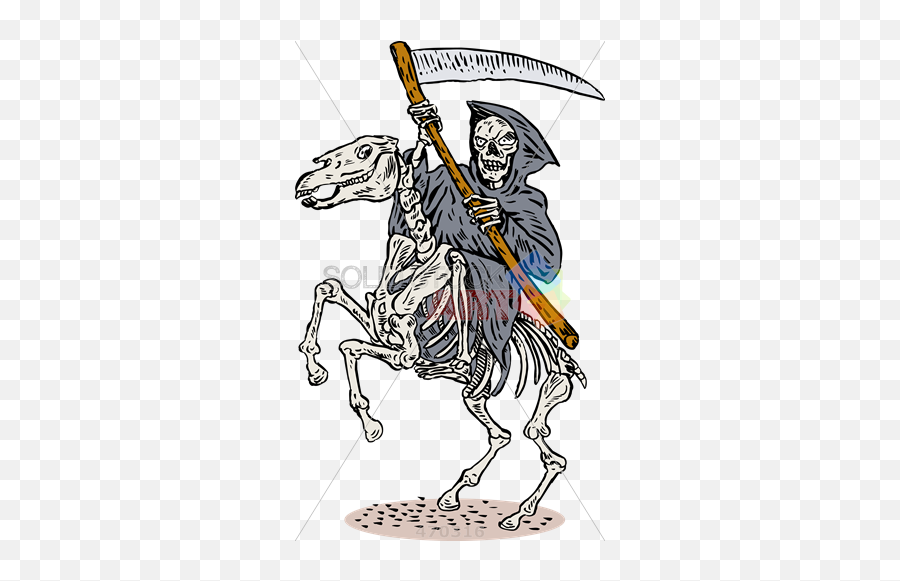 Stock Illustration Of Old Fashioned Cartoon Drawing Grim Reaper - Skeleton On Horse With Scythe Png,Grim Reaper Transparent Background