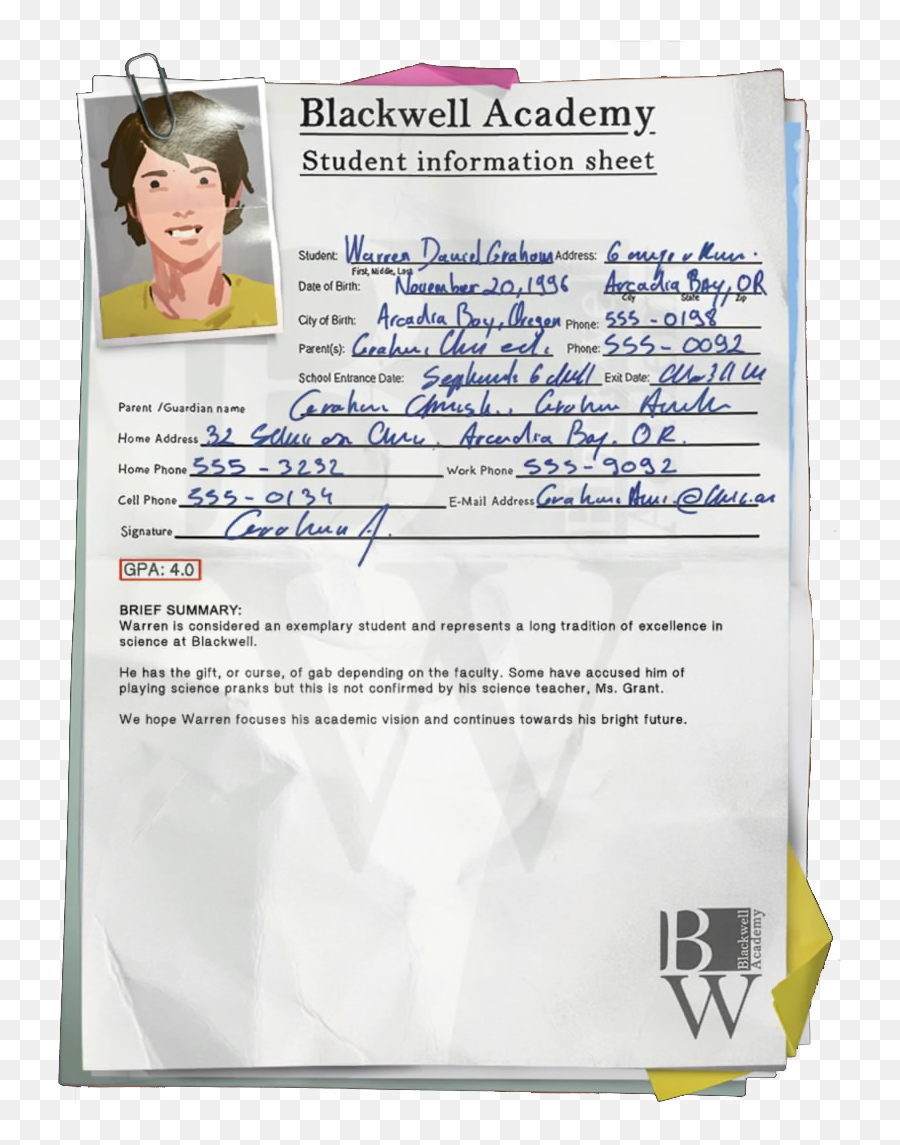 Warren Life Is Strange 3 Student - Blackwell Academy Information Sheet Png,Life Is Strange Transparent