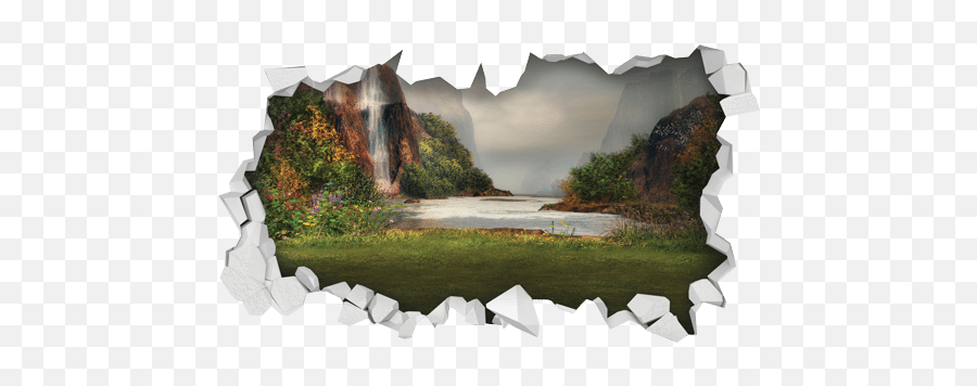 Wall Sticker Hole With View Of A Lake Waterfalls - Jack Sparrow Mural Png,Hole In Wall Png