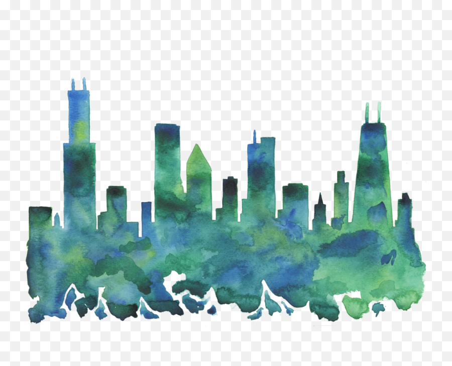 Chicago Skyline Blue Green Watercolor Print - Skyline Blue Chicago Skyline Green Png,Chicago Skyline Png