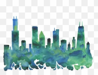 Chicago Skyline Blue Green Watercolor Print - png