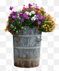 A Tall Wood Barrel Planter Filled With - Wooden Flower Pot Png,Planter Png