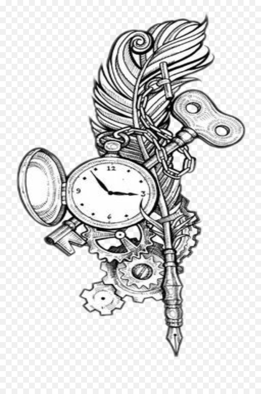 Sticker Freetoedit Tattoo Feather Clock Key Png Drawing - Pocket Watch Tattoo Designs,Feather Drawing Png