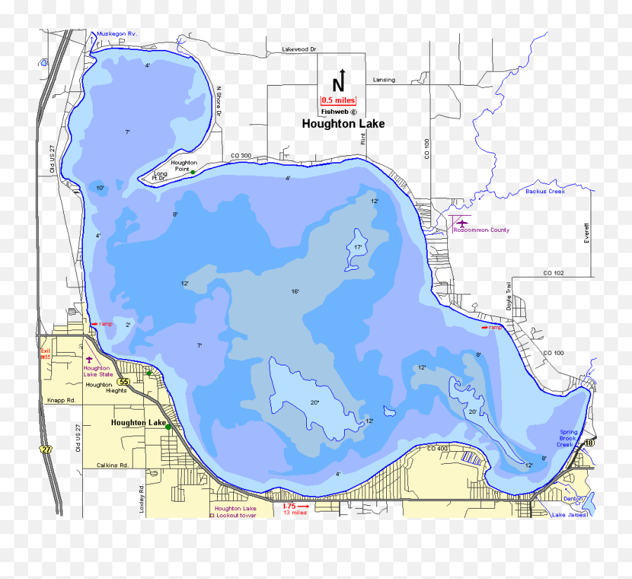Houghton Lake Map Roscommon County - Depth Chart Houghton Lake Depth Map Png,Michigan Outline Transparent