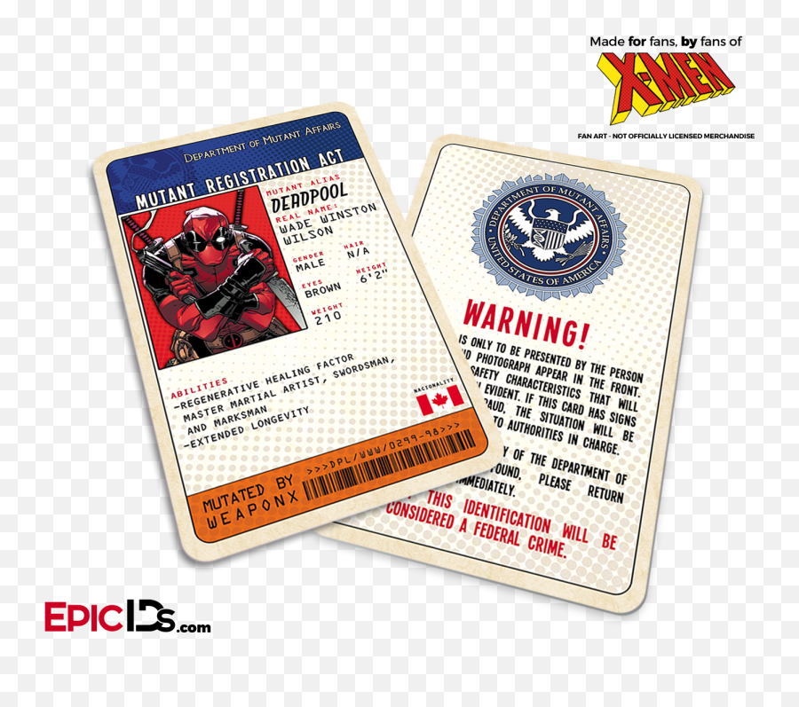 Mutant Registration Act U0027x - Menu0027 Classic Comic Identification Card Wade Wilson Deadpool Suicide Squad Harley Quinn Card Png,Deadpool Comic Png