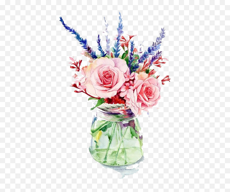 Garden Roses Vase Flower Watercolor Painting - Pink Flowers Flower In Vase Painting Png,Garden Flowers Png