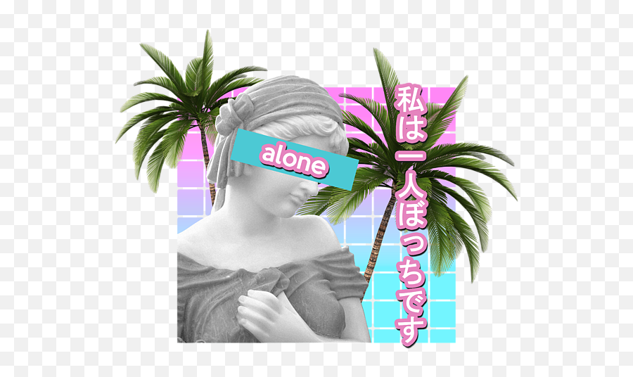 Alone Vaporwave Statue Meme Gift Antisocial Japanese Text Design Beach Sheet - Girly Png,Vaporwave Statue Transparent