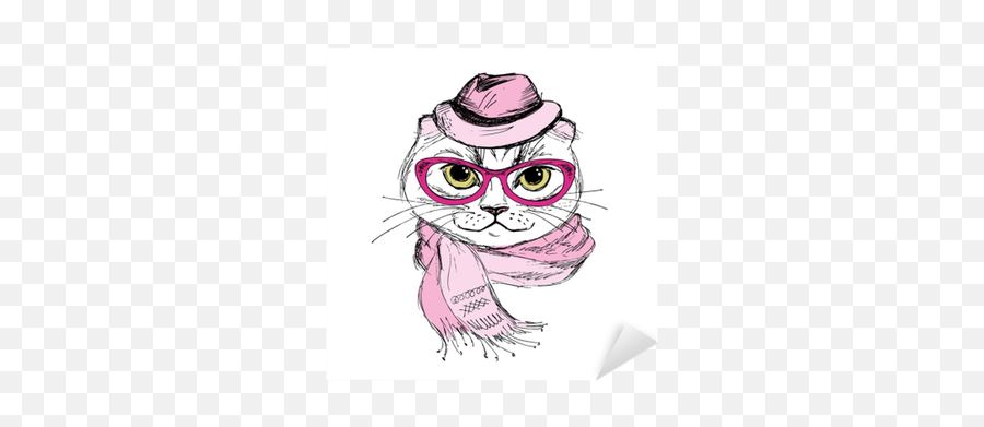 Sticker Fashion Portrait Of Hipster Cat In Big Glassesscarf And - Cat With Cap Drawing Png,Fashion Icon With Big Glasses