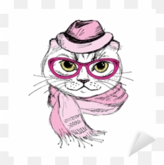 Sticker Fashion Portrait Of Hipster Cat In Big Glassesscarf And - With Cap Drawing png