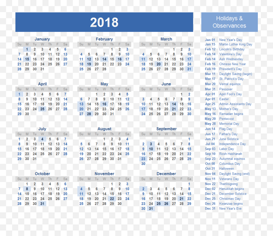 Calendar 2018 Holidays Png Arts - 12 Month Free Printable 2020 Calendar With Holidays,Holidays Png