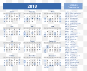 Calendar 2018 Holidays Png Arts - 12 Month Free Printable 2020 With
