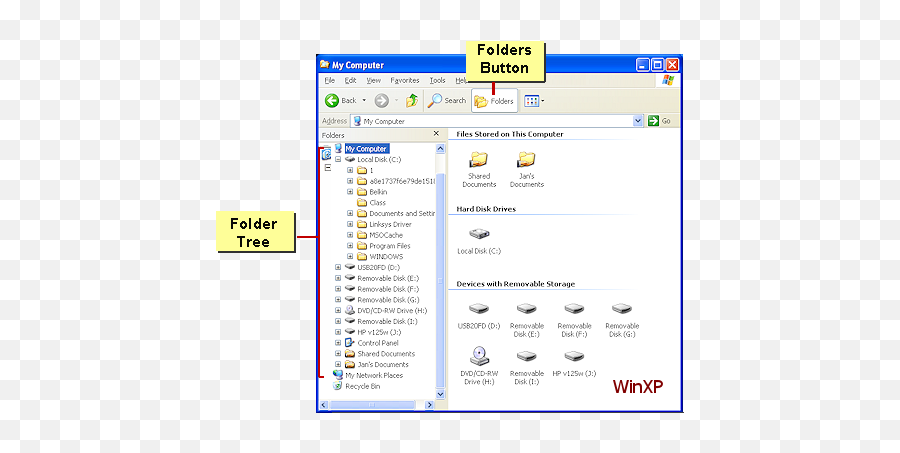 Views Files U0026 Folders Janu0027s Working With Windows - Xp Win Xp Folder Tree Png,Removable Disk Icon