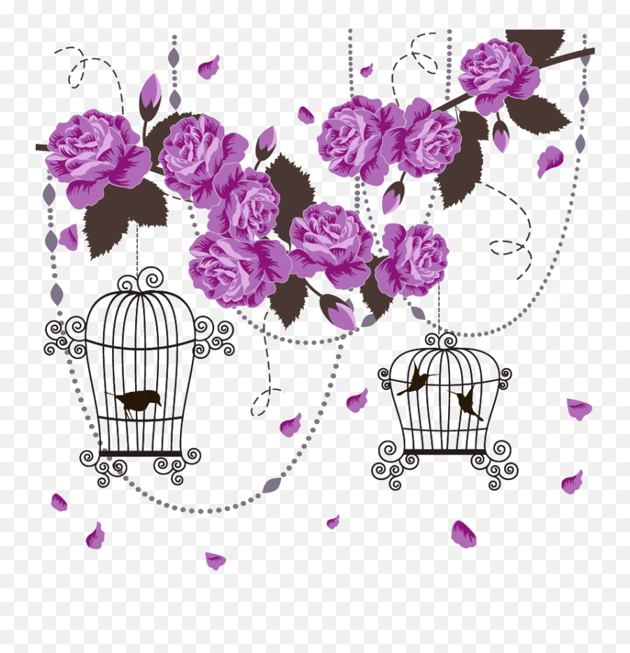 Purple Flowers Birds Birdie Birdcage Cages Decor - Purple Png,Birdcage Png