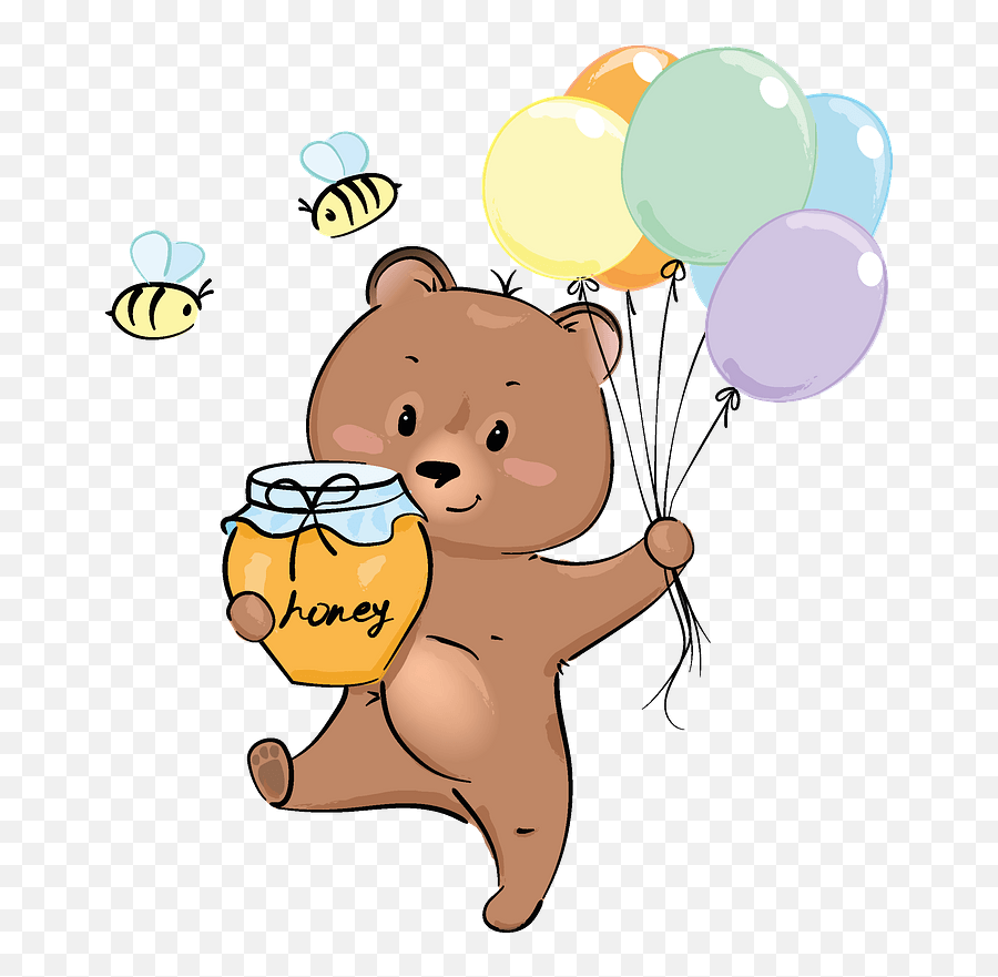 Cute Bear With Honey And Balloons Clipart Free Download - Bear With Honey Clipart Png,Cute Bee Png
