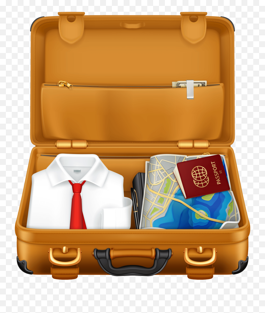 Brown Suitcase With Clothes And Passport Png Clipart Image