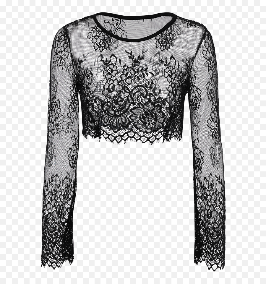 Black Lace Long Sleeve See - Through Crop Top 14 See Lace Shirt Png,Black Lace Png