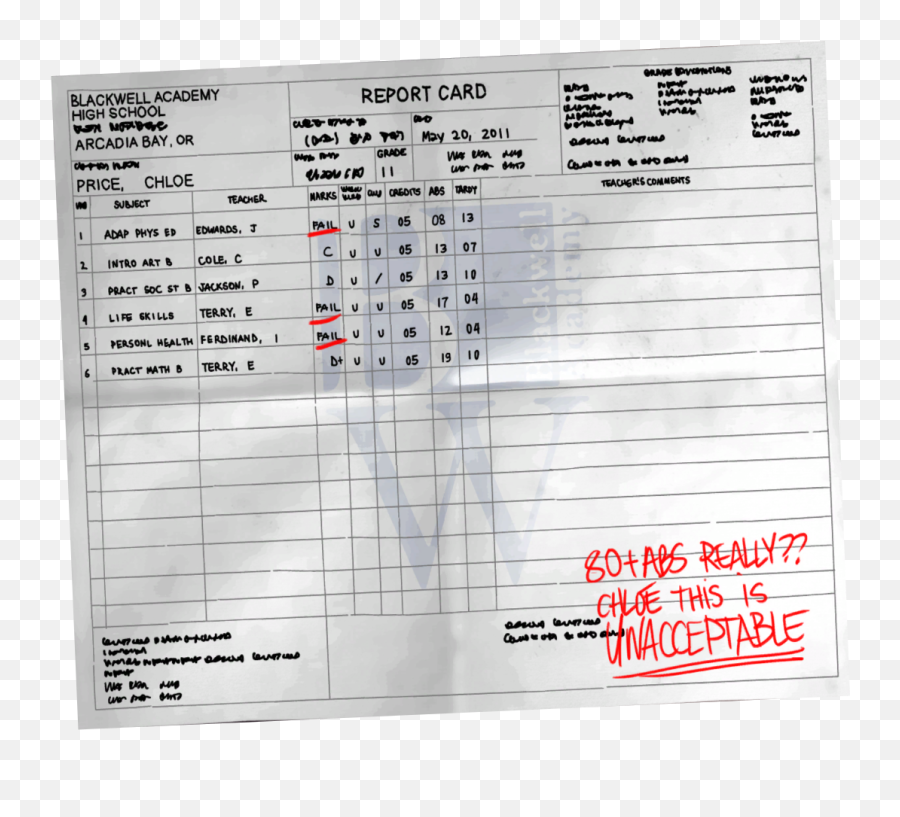 Report Card - Life Is Strange Wiki Life Is Strange Report Card Png,Life Is Strange Transparent