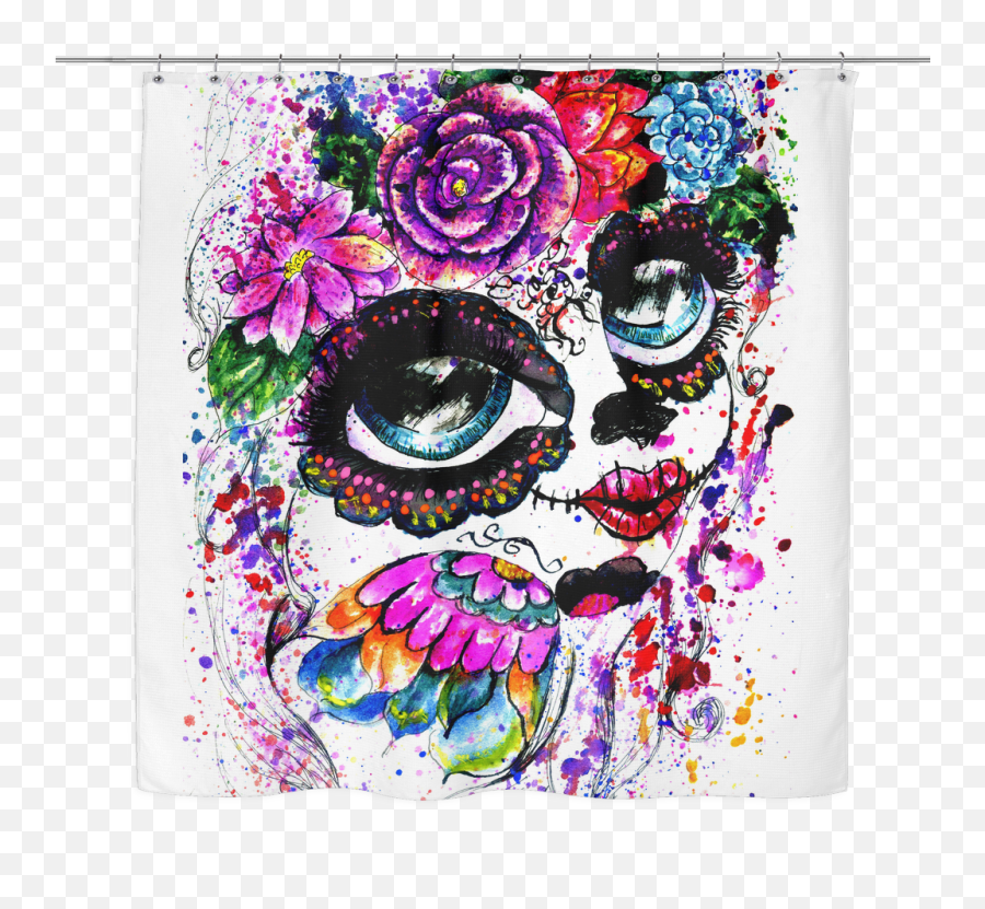 Download Sugar Skull Watercolor Girl Shower Curtain - Water Color Sugar Skull Png,Sugar Skull Png