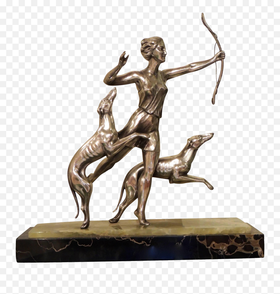 Art Deco Statue Of Diana And Two Dogs In Silver - Art Deco Huntress Diana Png,Diana Summoner Icon