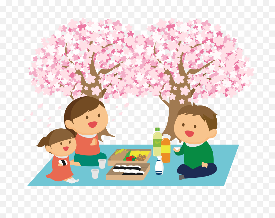Family Picnic In Spring Clipart - Cherry Blossom Picnic Cartoon Png,Spring Clipart Png