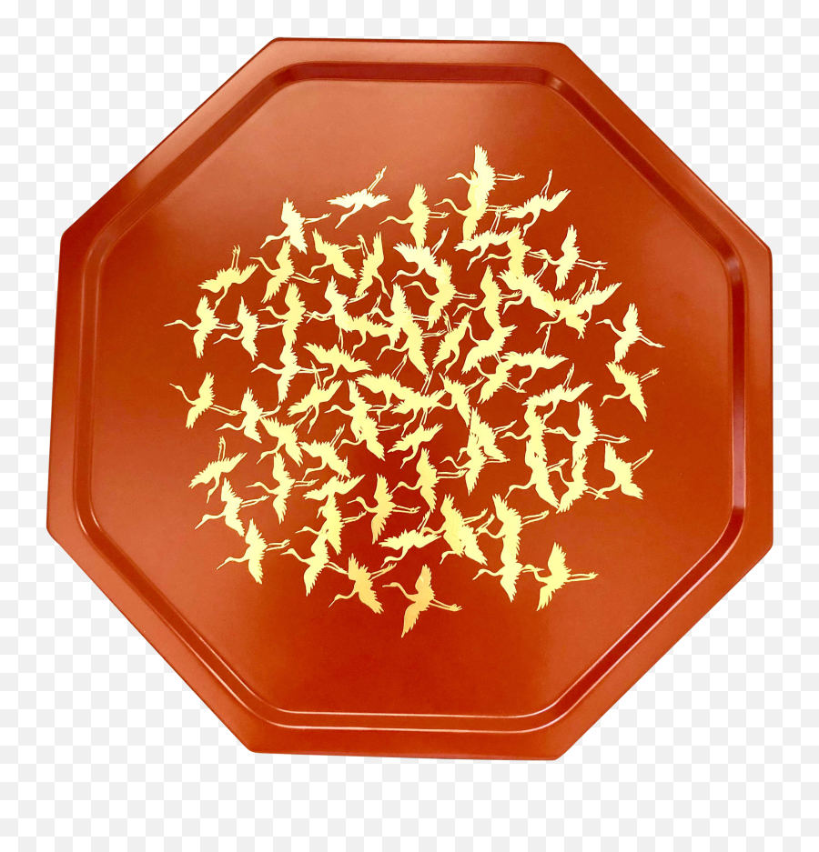 Japanese Lacquer Tray Plate Orange Red Coral Gold Foil Flying Cranes Antique Octagon Geometric 12 Inch - Platter Png,Gold Foil Png