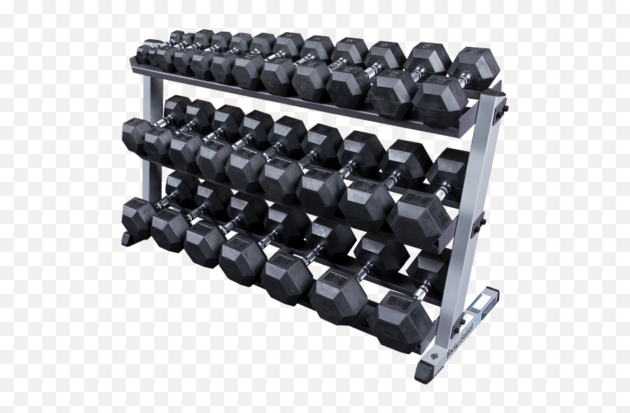 5 - 70lbs Rubber Hex Dumbbells W Rack Body Solid Dumbbell Png,Dumbell Png