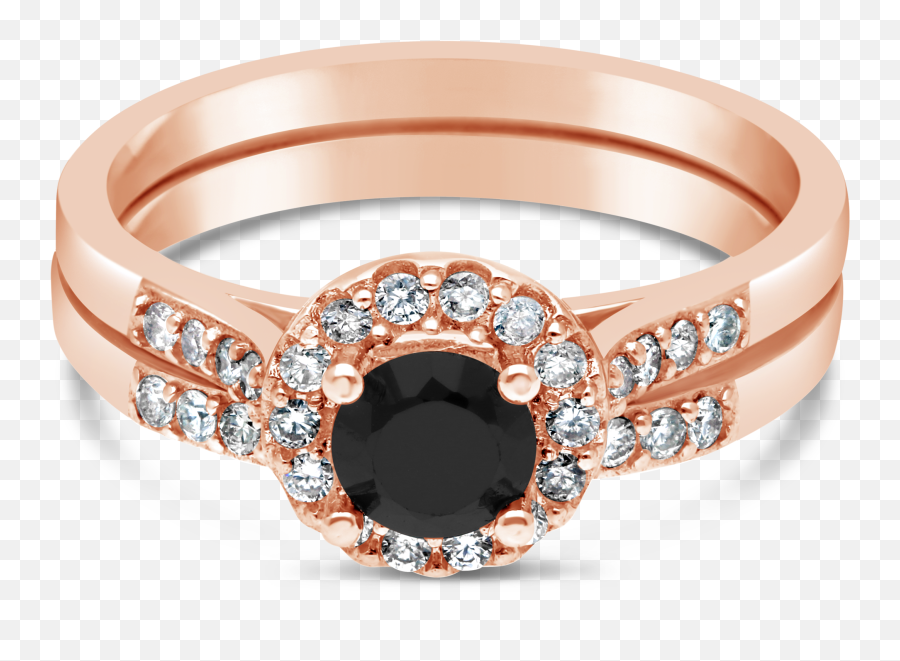 9ct Rose Gold U0026 Black Diamond Halo Ring With Matching Band - Rose Gold Black Diamond Rings Png,Black Diamond Png