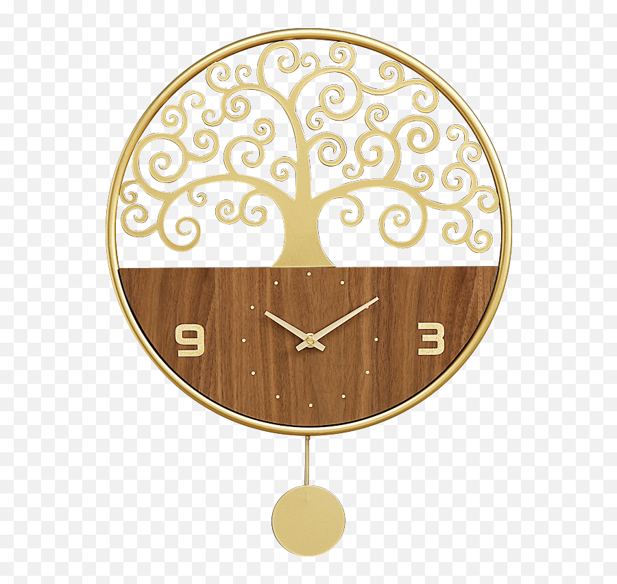 Tree Large Wall Clock Wood Metal Gold - Solid Png,Gold Clock Png