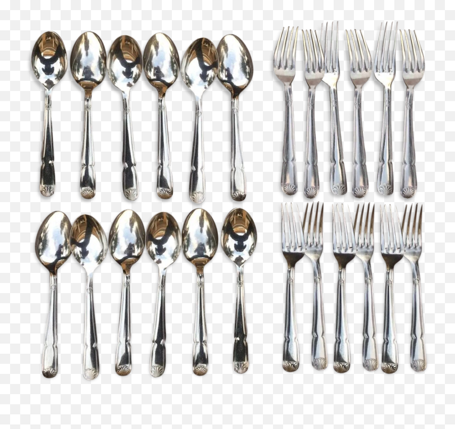 Set Of 12 Spoons Forks Metal Silver Stuff Bourdelle Poicon Bb Shell Selency - Soup Spoon Png,Sugar Spoon Icon
