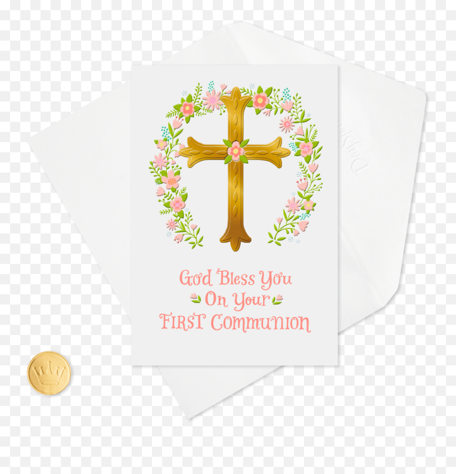 Pink Flower Wreath First Communion Card - Cross Png,Gold Cross Png