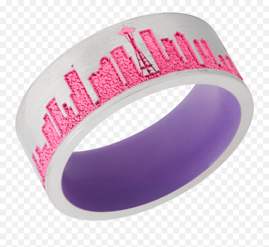 Cobalt Chrome 8mm Flat Band With Laser Carved Seattle Skyline Featuring Prison Pink Cerakote And Bright Purple Sleeve - Bangle Png,Seattle Skyline Png
