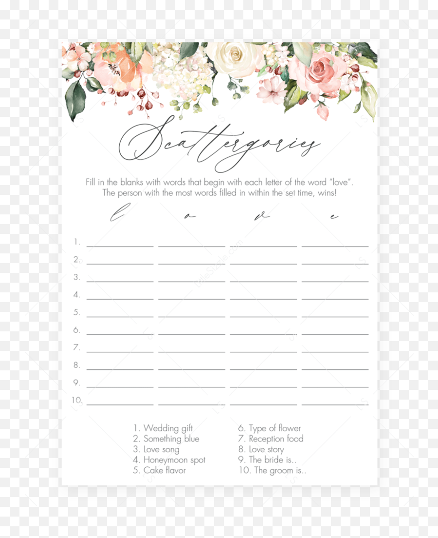 Printable Bridal Shower Scattergories Game Instant Download - Bridal Shower Mad Libs Png,Watercolor Roses Png