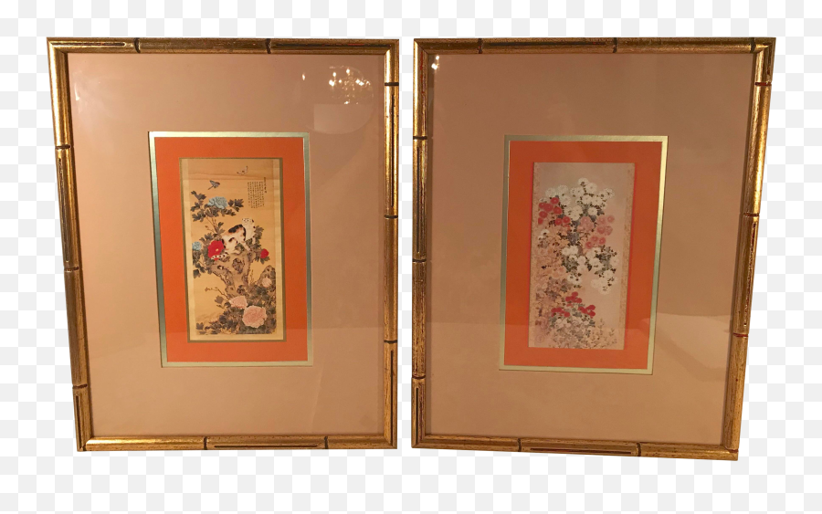 Vintage Japanese Wall Hangings In Gold Faux Bamboo Frames - A Pair Chrysanthemums By Master Of Seal Png,Bamboo Frame Png