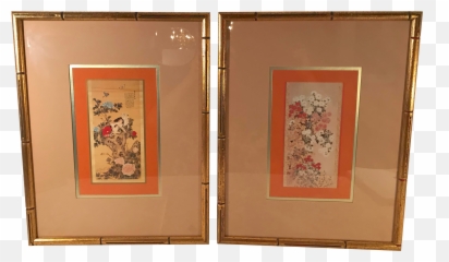 Vintage Japanese Wall Hangings Gold Faux Bamboo Frames - Pair Chrysanthemums By Master Of Seal png
