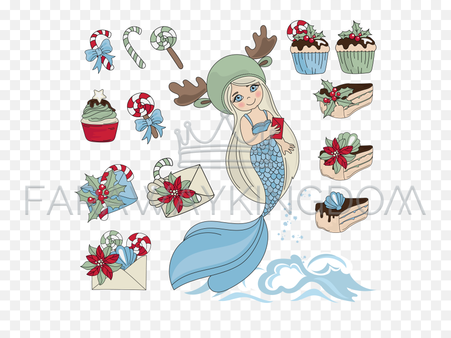 Mermaid Sweet Set Merry Christmas Vector Illustration - Merry Christmas Mermaid Png,Christmas Vector Png
