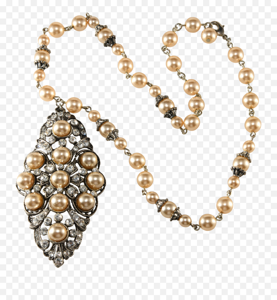 Art Deco Revival Pendant Necklace Faux Pearls Clear Rhinestones Vintage Style - Pearl Png,Necklace Transparent
